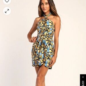 Lulus Constant Confidence Black Floral Print Knotted Halter Mini Dress